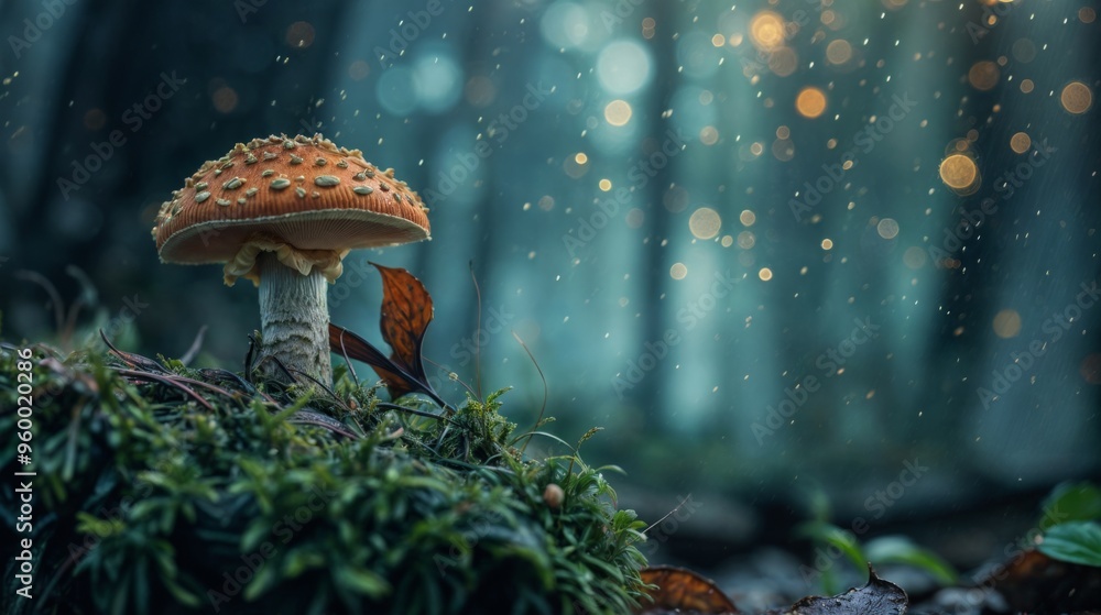 Poster a small mushroom grows in a mystical forest, surrounded by moss and illuminated by soft light, creat