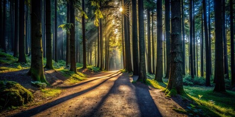Obraz premium Dark forest trail with towering trees looming overhead and shadows enveloping the path