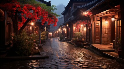 Fototapeta premium A tranquil evening stroll through a historic cobblestone street adorned with blooming flowers