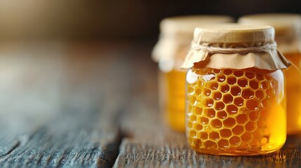 A beautiful jar filled with golden honey, showcasing a honeycomb inside and topped with a cloth lid. The rustic wooden table enhances the natural and wholesome aesthetic of the image.