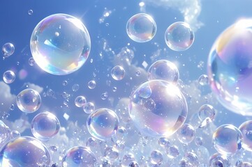 Crystal soap bubbles flying in the sky. Made with generative AI technology