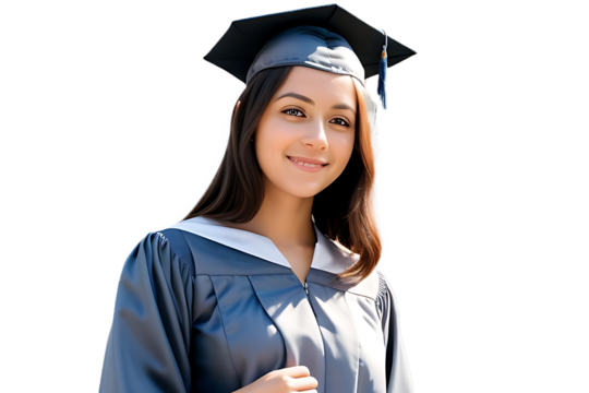 A proud graduate girl stands tall, radiating confidence and accomplishment. Dressed in a sleek black graduation gown, she holds her cap in hand, its tassel swaying gently. Her face beams with pride, - Powered by Adobe