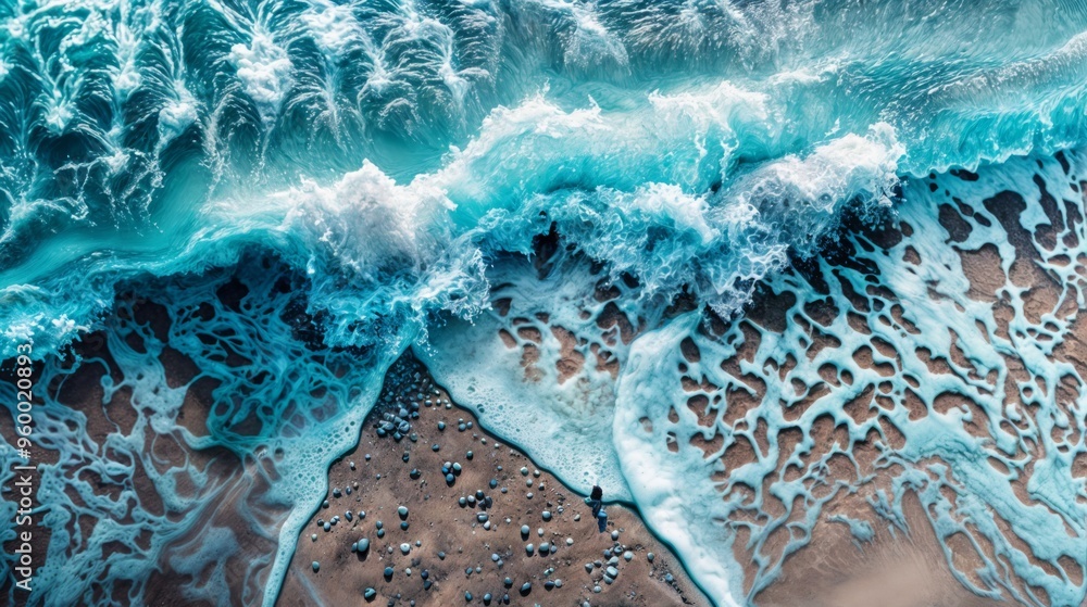 Poster aerial view of vibrant blue ocean waves crashing on a sandy shore, creating intricate patterns of fo
