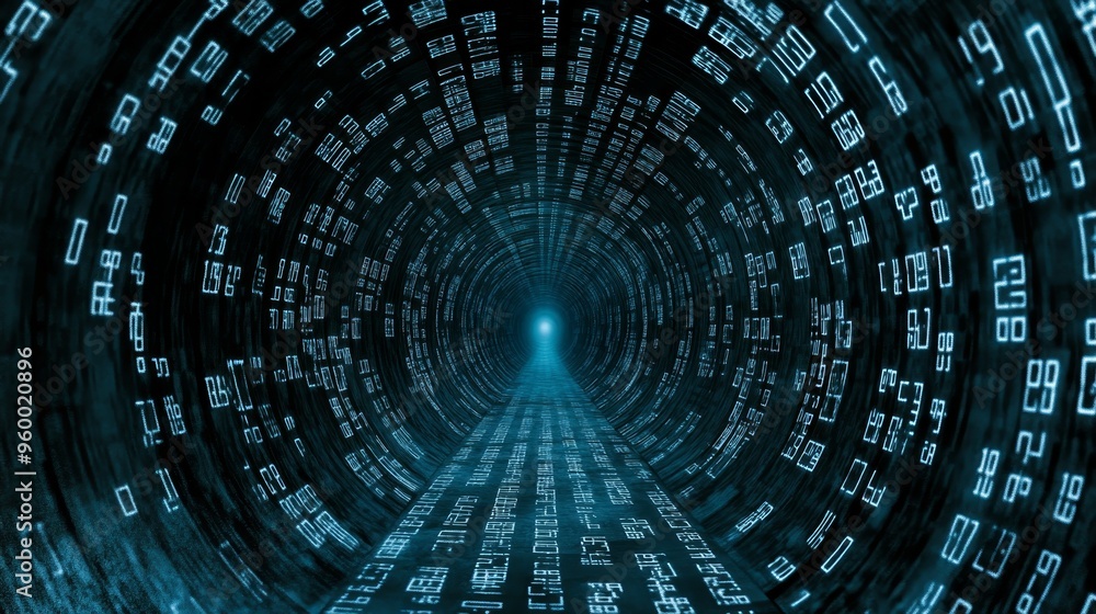 Poster digital tunnel, futuristic data stream binary code visualization, abstract technology background