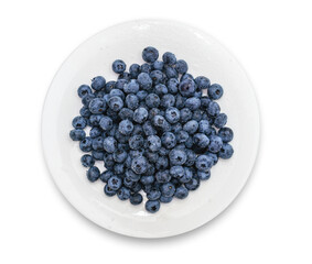 Round plate with wet blueberries isolated on white. View from above. Health concept. Weight loss.