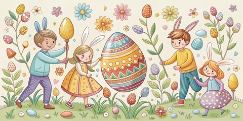 delicate line illustration easter egg hunt scene