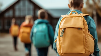 A group of children is walking towards a school building, wearing different colored backpacks, highlighting an outdoor back-to-school scene with a clear background.