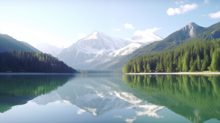 Fototapeta premium Snow-Capped Mountain Reflected in Calm Lake with Forest View