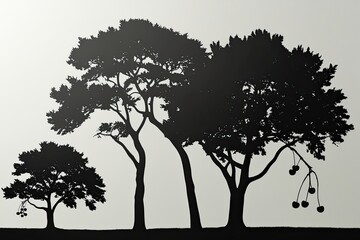 Bold Oak and Cherry Trees Silhouetted on Soft White Background