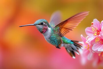 Fototapeta premium vibrant closeup of iridescent hummingbird midflight frozen motion captures intricate feather details and rainbow colors as it hovers near a delicate flower