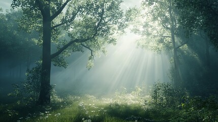 Obraz premium Foggy forest with shafts of light piercing through the trees, creating a dramatic and mystical atmosphere