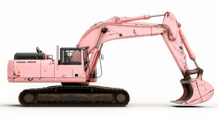 Image of a pink excavator with visible dirt and scratches on its surface. The construction vehicle is positioned against a white background, showcasing a side view.