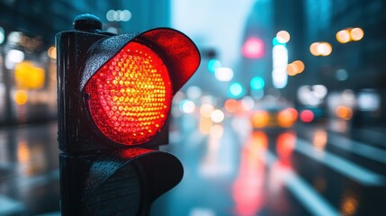 A vibrant image depicting an urban street scene with a prominent red traffic light, reflecting the hustle and bustle of city life under evening lights.