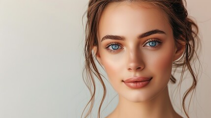 Naklejka premium Stunning Light Colored Background with Beautiful Woman: A Graceful and Alluring Vision. Showcasing Elegance and Charm.