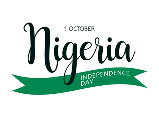 Nigeria Independence Day, flat vector illustration for greeting card, poster or banner. Text Nigeria Independence Day, 1 october and green ribbon isolated on white background.