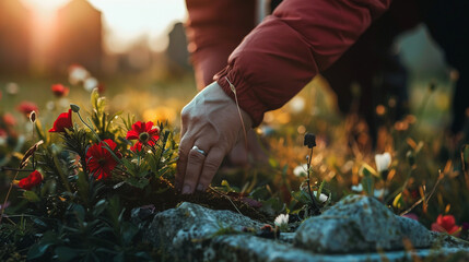 Medium close-up of a person placing a flower at a gravestone, capturing the significance of loss and remembrance.