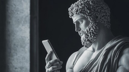 Ancient Greek God Sculpture Holding Smartphone: Classical Art Meets Modern Tech, Doomscrolling & Mental Health Awareness