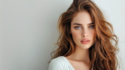 Naklejka premium Stunning Light Colored Background with Beautiful Woman: A Graceful and Alluring Vision. Showcasing Elegance and Charm.