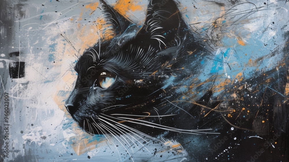 Poster an artistic and detailed portrait of a cat with splashes of blue and orange color. the abstract desi
