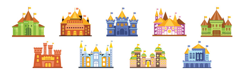 Fototapeta premium Fairytale Medieval Castle with Tower and Flags Vector Set