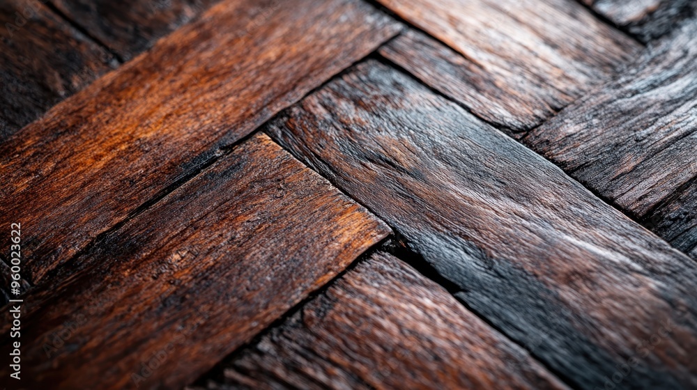 Poster close-up image capturing the intricate grain patterns and weathered look of dark, rustic wooden boar