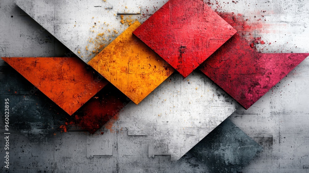 Poster this abstract image displays an arrangement of colorful tiles in hues like red, yellow, and orange, 