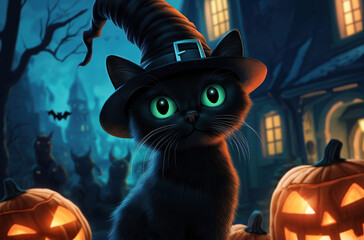 Fototapeta premium Black cat with witch hat. Halloween concept.