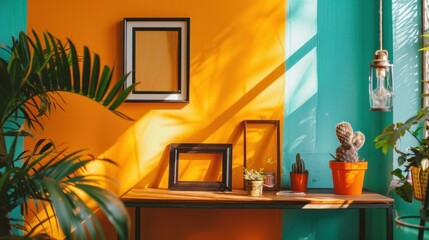 A colorful room with a yellow wall and pink and blue stripes