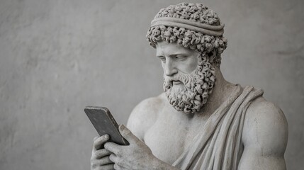 Ancient Greek God Sculpture Holding Smartphone: Classical Art Meets Modern Tech, Doomscrolling & Mental Health Awareness