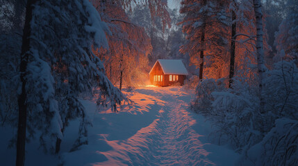 house in winter. snowy landscape cozy cabin in the distance. The trees around the path are heavily...