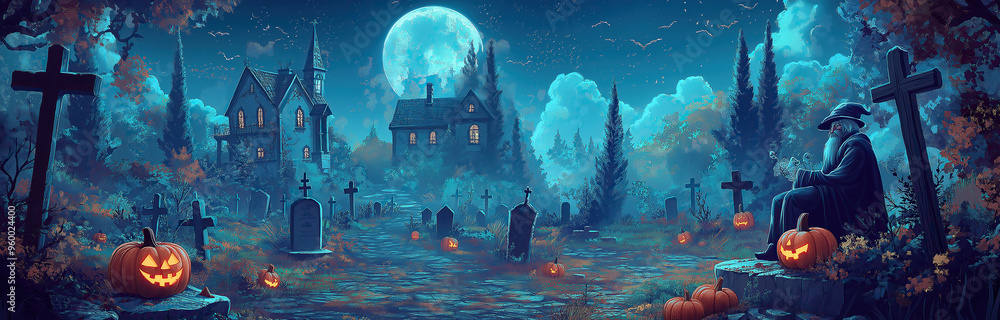 Wall mural Mysterious Halloween Pumpkins in a Foggy Graveyard Under the Full Moon