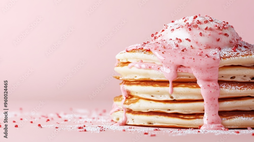 Poster tempting stack of fluffy pancakes generously topped with a dollop of pink frosting, presented on a p