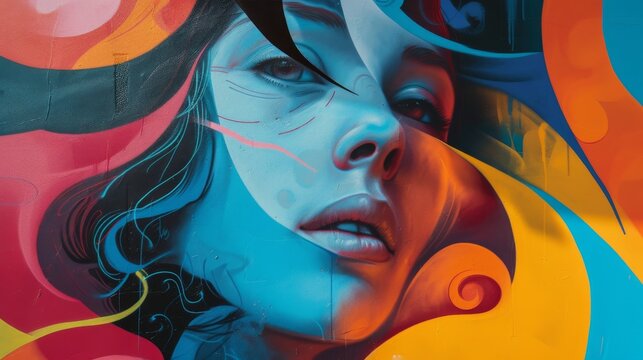 A stunning street art mural featuring a woman's face intricately woven with vibrant abstract patterns. The artwork blends vivid colors and dynamic shapes, showcasing the artist's creativity and skill.