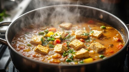 A colorful vegan coconut curry is bubbling in a pot, combining fresh vegetables and tofu in a rich, aromatic sauce. Perfect for healthy meal options