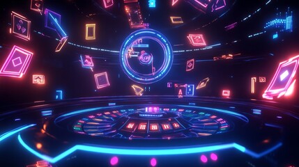 Neon Casino slot machine, Casino Roulette wheel, playing cards and hologram of digital rings in dark empty scene