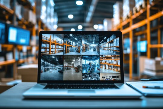 Laptop displaying warehouse security footage in a modern storage facility