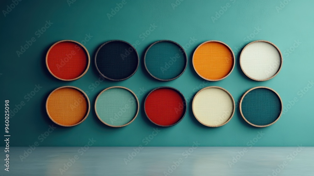 Poster ten circular art pieces are showcased in a row on a teal wall, displaying a combination of vibrant c