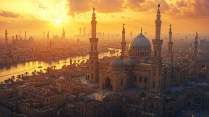 Obraz premium Aerial view of a city at sunset with a mosque in foreground
