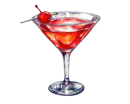 Vibrant illustration of a classic martini cocktail with a cherry garnish in a clear glass, perfect for party and bar-themed designs.