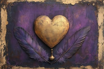 vintage album cover design worn purple background golden scale balancing heart and feather mystical symbolism antiqued texture
