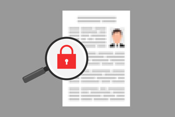 File with blurred personal data, and magnifier with icon of padlock