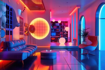 Futuristic Lounge with Neon Lights and Geometric Shapes
