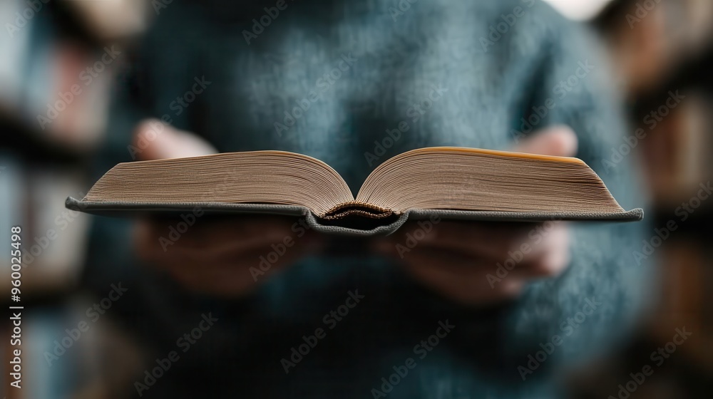 Poster an individual holding an open book with both hands in a quiet library, showcasing the focus on readi