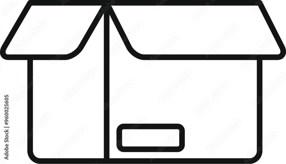 Poster simple vector icon of an open cardboard box with blank label, suitable for shipping and packaging co