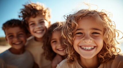 Obraz premium A group of cheerful children with curly hair, smiling and laughing joyfully together under a clear blue sky, conveying a sense of friendship and happiness.