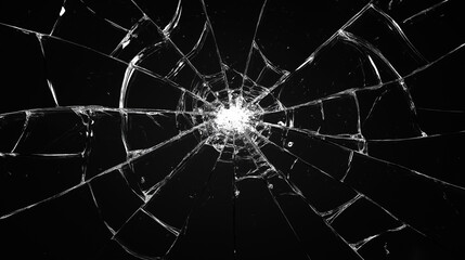 Broken shattered glass pattern on black background, sharp cracked glass texture, abstract destruction concept, dangerous broken window effect, damaged surface, accident, and impact design
