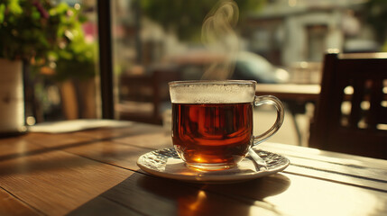 Fototapeta premium cup of tea on the table at cafe in the morning 