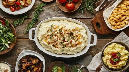 A delightful assortment of vegan comfort food showcasing creamy mashed potatoes topped with herbs, vibrant vegetables, and hearty sides, all beautifully arranged on a rustic wooden table