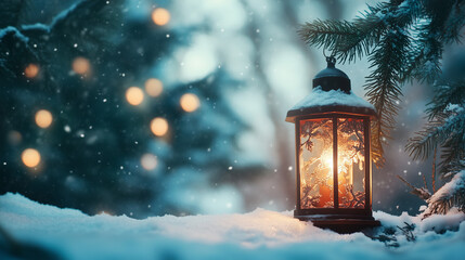 Christmas lantern on snow with fir branch in evening scene,copy space.