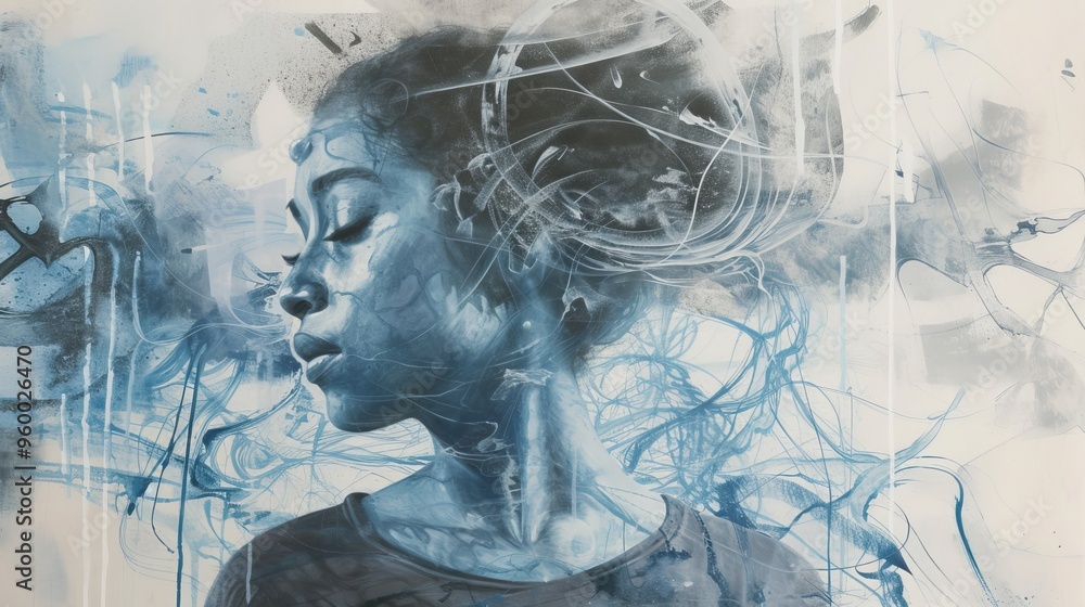 Poster digital portrait of a woman with closed eyes, immersed in swirling blue abstract patterns, creating 